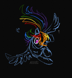 Size: 824x901 | Tagged: safe, artist:annitart, rainbow dash, pony, g4, black background, doodle, female, flying, outline, simple background, solo