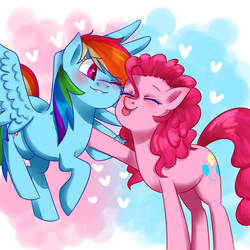 Size: 1024x1024 | Tagged: safe, artist:sisitowe, pinkie pie, rainbow dash, earth pony, pegasus, pony, g4, blushing, cute, duo, eyes closed, female, floating heart, heart, lesbian, mare, nuzzling, one eye closed, ship:pinkiedash, shipping, tongue out