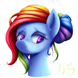 Size: 2200x2200 | Tagged: safe, artist:lordvaltasar, rainbow dash, pony, g4, alternate hairstyle, bust, female, high res, lidded eyes, portrait, shy, simple background, solo, transparent background
