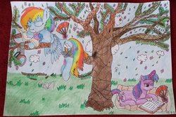 Size: 1024x684 | Tagged: safe, artist:zzspitfirexx, twilight sparkle, pony, unicorn, g4, book, duo, goggles, headphones, leaves, nap, pillow, reading, sleeping, traditional art, tree
