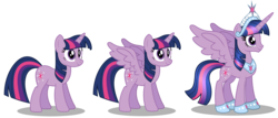 Size: 5000x2148 | Tagged: safe, artist:aleximusprime, twilight sparkle, alicorn, pony, unicorn, g4, age progression, anklet, big crown thingy, element of magic, female, height difference, jewelry, mare, necklace, older, older twilight, regalia, simple background, solo, spread wings, tiara, transparent background, twilight sparkle (alicorn), unicorn twilight, wings