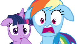 Size: 5947x3375 | Tagged: safe, artist:sketchmcreations, rainbow dash, twilight sparkle, alicorn, pegasus, pony, g4, the washouts (episode), duo, floppy ears, gasp, open mouth, raised hoof, shocked, simple background, transparent background, twilight sparkle (alicorn), vector