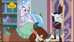 Size: 512x288 | Tagged: safe, screencap, chancellor neighsay, sandbar, silverstream, yona, classical hippogriff, earth pony, hippogriff, pony, unicorn, yak, g4, school raze, :3, :o, :q, animated, bow, chains, chair, cloven hooves, female, flying, forgiveness, frown, gif, hair bow, licking, licking lips, lock, lockpicking, logo, male, monkey swings, nick jr., open mouth, pushing, smiling, spread wings, stallion, talking, teenager, tied up, tongue out, wings, yak smash