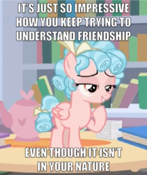 Size: 950x1127 | Tagged: safe, edit, edited screencap, screencap, cozy glow, pegasus, pony, g4, what lies beneath, bow, cropped, female, filly, hair bow, hypocrisy, image macro, meme, pure concentrated unfiltered evil of the utmost potency, quote, racism, reaction image, smug, speciesism, tail bow, text