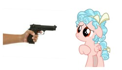 Size: 1161x668 | Tagged: safe, artist:shootingstarsentry, edit, cozy glow, pegasus, pony, g4, marks for effort, school raze, abuse, beretta, beretta 92fs, cozy glow drama, cozybuse, downvote bait, female, filly, gun, imminent death, imminent murder, ow the edge, punish the villain, this is too far, weapon