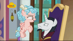 Size: 512x288 | Tagged: safe, screencap, chancellor neighsay, cozy glow, pegasus, pony, unicorn, g4, school raze, animated, chair, condescending, duo, female, filly, gif, humiliation, logo, nick jr., patting, petting, tied up