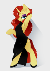 Size: 2121x3000 | Tagged: safe, artist:arctic-fox, oc, oc only, oc:vibrata songbird, pony, unicorn, semi-anthro, armpits, bedroom eyes, bipedal, black dress, clothes, dress, eyeshadow, female, hair over one eye, high heels, high res, makeup, mare, partial hem, shoes, side slit, simple background, solo, total sideslit, white background