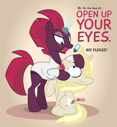 Size: 875x950 | Tagged: safe, artist:dm29, fizzlepop berrytwist, tempest shadow, oc, oc:colin nary, pony, unicorn, g4, bloodshot eyes, broken horn, duo, eye drops, eye scar, female, horn, looking up, male, mare, open up your *very* eyes, open up your eyes, optometrist, pain, pink background, pun, scar, simple background, stallion