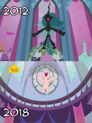 Size: 514x690 | Tagged: safe, screencap, cozy glow, queen chrysalis, changeling, changeling queen, pegasus, pony, a canterlot wedding, g4, school raze, comparison, female, filly