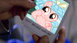 Size: 1050x591 | Tagged: safe, screencap, cozy glow, pegasus, pony, g4, don't believe her lies, exploitable meme, female, filly, irl, meme, memento, photo, polaroid, pure concentrated unfiltered evil of the utmost potency