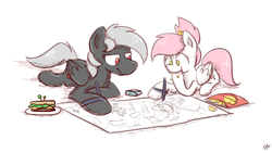 Size: 1920x1080 | Tagged: safe, artist:sugar morning, oc, oc only, oc:luriel maelstrom, oc:sugar morning, pegasus, pony, chips, cute, drawing, eating, eraser, food, paper, ponytail, sandwich