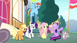 Size: 1920x1080 | Tagged: safe, screencap, applejack, fluttershy, rainbow dash, rarity, spike, twilight sparkle, alicorn, dragon, earth pony, pegasus, pony, g4, yakity-sax, twilight sparkle (alicorn), winged spike, wings