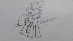 Size: 4208x2368 | Tagged: safe, artist:twinblade edge, applejack, earth pony, pony, g4, applejack's hat, cowboy hat, female, grin, hat, monochrome, name, smiling, solo, traditional art