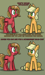 Size: 600x1000 | Tagged: safe, artist:wolfy987, applejack, oc, oc:pun, earth pony, pony, ask pun, g4, ask, comic, cowboy hat, duo, female, green background, hat, mare, pun, simple background, sitting
