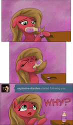 Size: 1050x1800 | Tagged: safe, artist:hewison, oc, oc only, oc:pun, earth pony, pony, ask pun, ask, female, hoof hold, mare, max payne, mouth hold, pepto-bismol, solo, tumblr