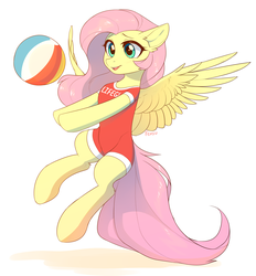 Size: 2745x2960 | Tagged: safe, artist:fensu-san, fluttershy, pegasus, pony, semi-anthro, g4, beach ball, clothes, cute, female, high res, lifeguard, lifeguard fluttershy, mare, one-piece swimsuit, shyabetes, simple background, solo, spread wings, swimsuit, wings