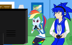 Size: 3778x2351 | Tagged: safe, artist:trungtranhaitrung, rainbow dash, equestria girls, equestria girls series, g4, controller, crossover, equestria girls-ified, high res, house, male, playing games, sonic the hedgehog, sonic the hedgehog (series)