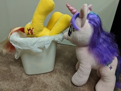 Size: 4032x3024 | Tagged: safe, starlight glimmer, sunset shimmer, g4, abuse, background pony strikes again, build-a-bear, downvote bait, female, into the trash it goes, irl, op is a duck, op is trying to start shit, photo, plushie, shimmerbuse, sunset shimmer's trash can, your waifu is trash