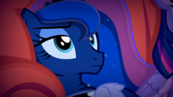 Size: 2560x1440 | Tagged: safe, artist:2snacks, princess luna, twilight sparkle, alicorn, pony, two best sisters play, g4, couch, crown, eyeshadow, fake luna, female, jewelry, liam (tbfp), liam sparkle, makeup, mare, matt (tbfp), muna, regalia, slouching, twilight sparkle (alicorn), two best friends play