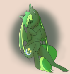 Size: 564x589 | Tagged: safe, artist:mrnob0dy, artist:pettylilangel, oc, oc only, oc:jaded nights, bat pony, semi-anthro, abstract background, bat pony oc, ear piercing, eyes closed, female, glasses, hooves to the chest, mare, piercing, sidemouth, sitting, turned head