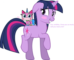 Size: 1268x1024 | Tagged: safe, anonymous editor, artist:wynsten, twilight sparkle, pony, unicorn, g4, blushing, crossover, crossover shipping, dialogue, female, floppy ears, lego, lesbian, shipping, shy, tara strong, the lego movie, unicorn twilight, unikitty, unikitty!, unitwily, voice actor joke, yes