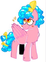 Size: 400x541 | Tagged: safe, artist:lynmunn, cozy glow, pegasus, pony, g4, blushing, bow, chest fluff, female, heart, mare, misleading thumbnail, not a penis, simple background, solo, white background
