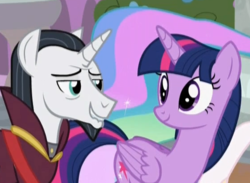 Size: 560x409 | Tagged: safe, screencap, chancellor neighsay, twilight sparkle, alicorn, pony, g4, school raze, cropped, lip bite, neighsparkle, out of context, twilight sparkle (alicorn)