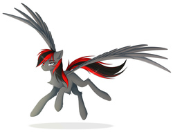 Size: 3150x2409 | Tagged: safe, artist:cuizhu, oc, oc only, oc:east hammer, pegasus, pony, black and red mane, female, flying, high res, large wings, looking at you, pegasus oc, scar, shadow, simple background, solo, white background, wings