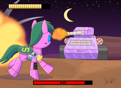 Size: 2000x1454 | Tagged: safe, artist:trackheadtherobopony, part of a set, oc, oc only, oc:glimmering shield, pony, robot, robot pony, explosion, fight, implied trixie, life bar, shooting, signature, solo, tank (vehicle)