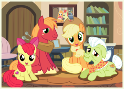 Size: 7000x5000 | Tagged: safe, artist:mundschenk85, apple bloom, applejack, big macintosh, bright mac, granny smith, pear butter, pony, g4, absurd resolution, apple bloom's bow, apple family, apple siblings, apple sisters, applejack's hat, baby, baby pony, big macintosh's yoke, bow, braid, brother and sister, clothes, cowboy hat, female, filly, foal, granny smith's shawl, hair bow, hat, horse collar, looking at you, male, mare, open mouth, open smile, prone, scarf, ship:brightbutter, shipping, show accurate, siblings, sisters, smiling, smiling at you, stallion, straight, vector