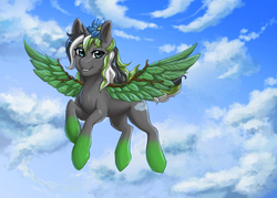 Size: 2480x1777 | Tagged: safe, artist:alexispaint, oc, oc only, oc:midnight mist, pony, unicorn, artificial wings, augmented, cloud, female, flower, flying, leaf wings, mare, mechanical wing, plant wings, wings, ych result