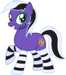 Size: 2193x2466 | Tagged: safe, artist:lightning stripe, derpibooru exclusive, oc, oc only, oc:lightning stripe, earth pony, pony, g4, black and white mane, clothes, female, green eyes, high res, mare, purple, show accurate, simple background, socks, solo, striped socks, stripes, transparent background