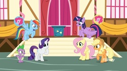 Size: 1920x1080 | Tagged: safe, screencap, applejack, fluttershy, rainbow dash, rarity, spike, twilight sparkle, alicorn, dragon, pony, g4, yakity-sax, twilight sparkle (alicorn), winged spike, wings