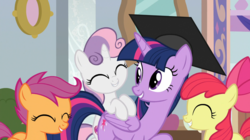 Size: 1440x809 | Tagged: safe, screencap, apple bloom, scootaloo, sweetie belle, twilight sparkle, alicorn, pony, g4, marks for effort, cutie mark crusaders, graduation cap, happy, hat, school of friendship, smiling, twilight sparkle (alicorn)