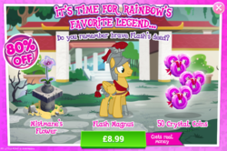 Size: 796x527 | Tagged: safe, gameloft, flash magnus, pegasus, pony, g4, advertisement, coin, costs real money, crack is cheaper, introduction card, male, mistmane's flower, stallion