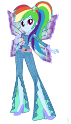 Size: 2467x4280 | Tagged: safe, artist:ilaria122, artist:selenaede, rainbow dash, fairy, equestria girls, g4, alternate hairstyle, belt, colored wings, ear piercing, earring, fairy wings, fairyized, female, flower, hairstyle, high heels, jewelry, multicolored wings, onyrix, piercing, ponytail, pose, rainbow s.r.l, rainbow wings, shoes, simple background, solo, transparent background, winged humanization, wings, winx club, winxified, world of winx