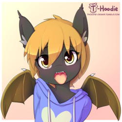 Size: 650x650 | Tagged: safe, artist:hoodie, oc, oc only, oc:solar flux, bat pony, semi-anthro, blushing, clothes, cute, ear fluff, heart, hoodie, male, solo, stallion, tongue out, wings