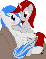 Size: 4676x5993 | Tagged: safe, artist:waveywaves, oc, oc only, pony, unicorn, absurd resolution, blushing, couch, female, looking at each other, male, mare, shipping, simple background, size difference, straight, transparent background