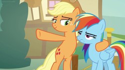 Size: 1280x720 | Tagged: safe, screencap, applejack, rainbow dash, g4, grannies gone wild, my little pony: friendship is magic, bipedal, duo, hoof around neck, lidded eyes, unamused