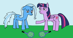Size: 1152x609 | Tagged: safe, artist:red-brick-2, trixie, twilight sparkle, alicorn, pony, unicorn, g4, 1000 hours in ms paint, comforting, crying, female, ship:twixie, shipping, sports, story in the source, tennis, tennis racket, twilight sparkle (alicorn)