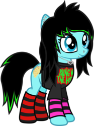 Size: 733x983 | Tagged: safe, artist:lightningbolt, derpibooru exclusive, oc, oc only, oc:scene chick, earth pony, pony, g4, .svg available, arm warmers, bring me the horizon, clandestine industries, clothes, dyed mane, dyed tail, ear piercing, earring, eyeliner, female, jewelry, makeup, mare, necklace, nose piercing, piercing, scene, scene kid, shirt, show accurate, simple background, smiling, snake bites, socks, solo, standing, striped socks, svg, t-shirt, transparent background, vector
