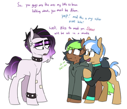 Size: 802x692 | Tagged: safe, artist:redxbacon, oc, oc only, oc:atom bit, oc:black dahlia, oc:pixel bite, earth pony, pony, blank flank, bushy brows, clothes, collar, dialogue, eyeshadow, female, hoodie, lidded eyes, makeup, mare, nervous, simple background, smiling, smitten, sweater, white background