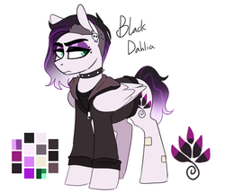 Size: 744x641 | Tagged: safe, artist:redxbacon, oc, oc only, oc:black dahlia, pegasus, pony, bushy brows, clothes, collar, ear piercing, earring, female, jacket, jewelry, makeup, mare, pegasus oc, piercing, reference sheet, sidecut, solo