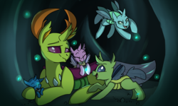 Size: 5000x3000 | Tagged: safe, artist:modularpon, artist:themodpony, thorax, changedling, changeling, nymph, fanfic:the king of love bugs, g4, changeling king, commission, cute, eyes closed, fangs, female, flying, king thorax, lying, male, papa thorax, prone, sleeping, thorabetes