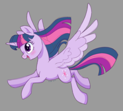Size: 1100x1000 | Tagged: safe, artist:guzzlord, twilight sparkle, alicorn, pony, g4, female, flying, gray background, mare, open mouth, simple background, solo, spread wings, twilight sparkle (alicorn), wings