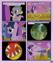 Size: 900x1080 | Tagged: safe, artist:lister-of-smeg, spike, twilight sparkle, oc, oc:scavenger (lister-of-smeg), oc:winter squash, alicorn, cockatrice, pony, comic:crystal heart attack, g4, comic, telescope, tree, twilight sparkle (alicorn)