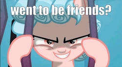 Size: 1000x550 | Tagged: safe, edit, screencap, cozy glow, pegasus, pony, g4, school raze, anti-bronybait, bronybait, cliffhanger, ending, evil smile, female, filly, grammar error, grin, how about no, implied lord tirek, it's a trap, misspelling, never, offscreen character, scene, smiling, text, text edit, wanna be friends?