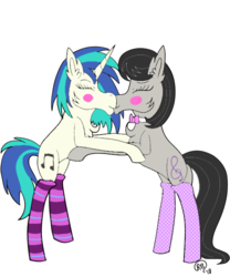 Size: 500x600 | Tagged: safe, artist:icicle-niceicle-1517, artist:rose-blade, color edit, edit, dj pon-3, octavia melody, vinyl scratch, earth pony, pony, unicorn, g4, blushing, bowtie, chest fluff, clothes, collaboration, colored, cute, duo, eyes closed, female, hug, kiss on the lips, kissing, lesbian, mare, ship:scratchtavia, shipping, simple background, socks, stockings, striped socks, tavibetes, thigh highs, transparent background, vinylbetes