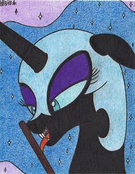 Size: 1625x2082 | Tagged: safe, artist:aracage, nightmare moon, pony, g4, bust, female, floppy ears, food, licking, pocky, portrait, solo, tongue out, traditional art