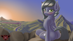 Size: 3840x2160 | Tagged: safe, artist:tsaritsaluna, limestone pie, g4, blushing, butt, farm, female, forest, high res, hill, looking at you, mare, mountain, plot, river, scenery, sitting, sunrise, town